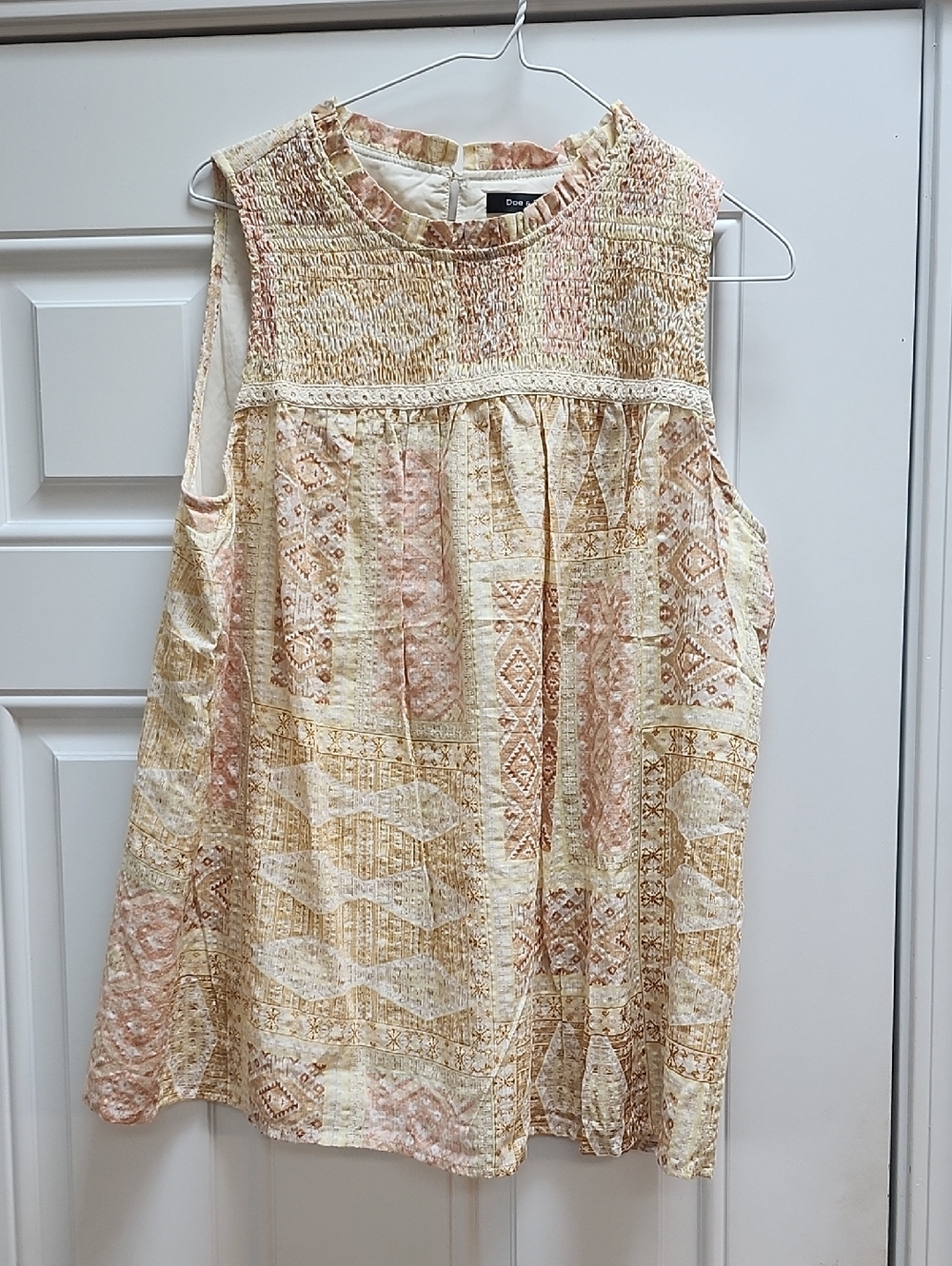 Doe & Rae Cream and Blush Smocked Yoke Sleeveless Blouse